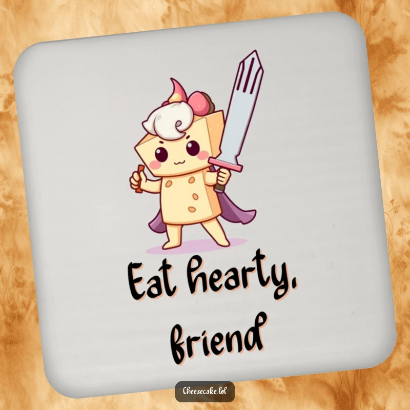 Funny drink coaster with a brave cheesecake wielding a fork sword, adding a humorous and heroic element to beverage service.