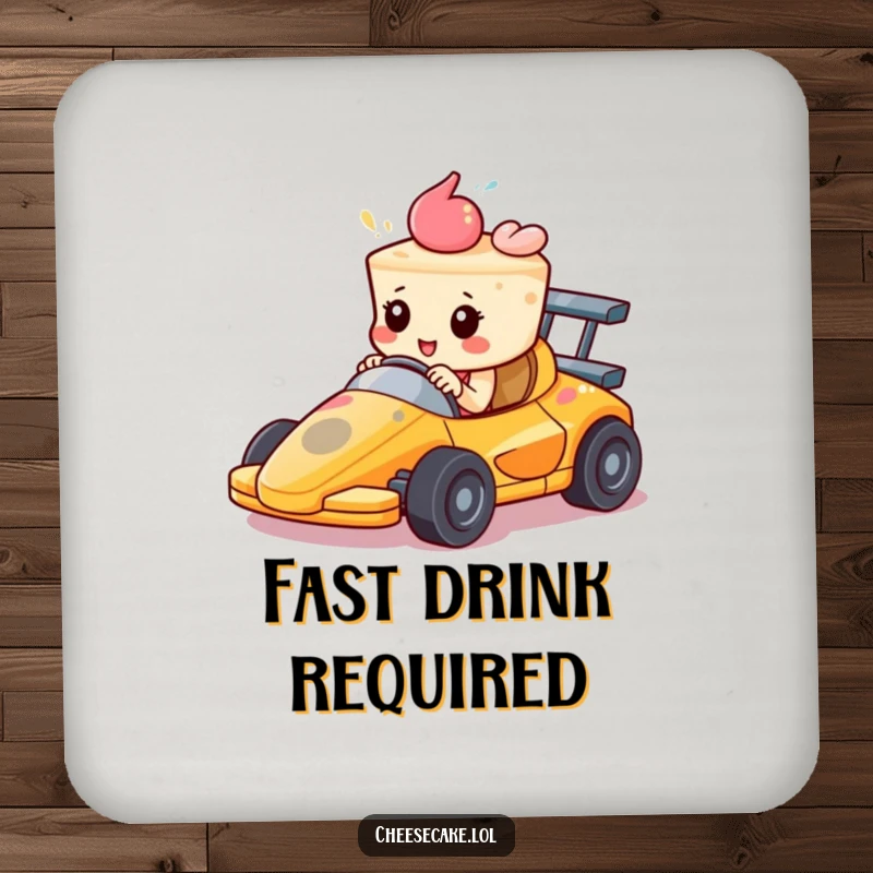Funny Drink Coaster: A cheesecake in a race car speeds forward with determination. Protects surfaces with humor.