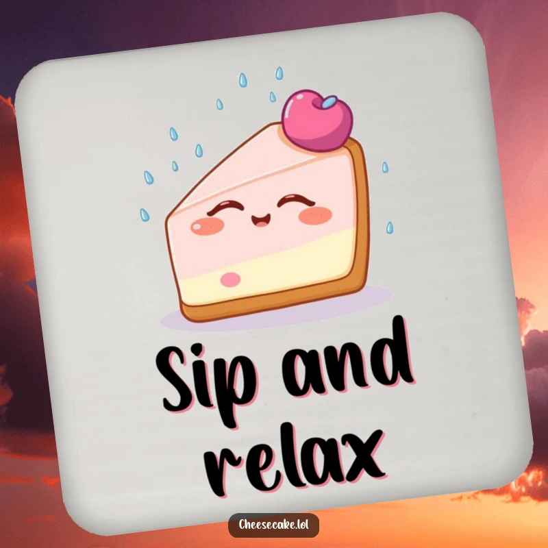 Funny Cheesecake Bliss Drink Coaster with a cheesecake slice blissfully enjoying sprinkles, adding serene humor to any table setting.
