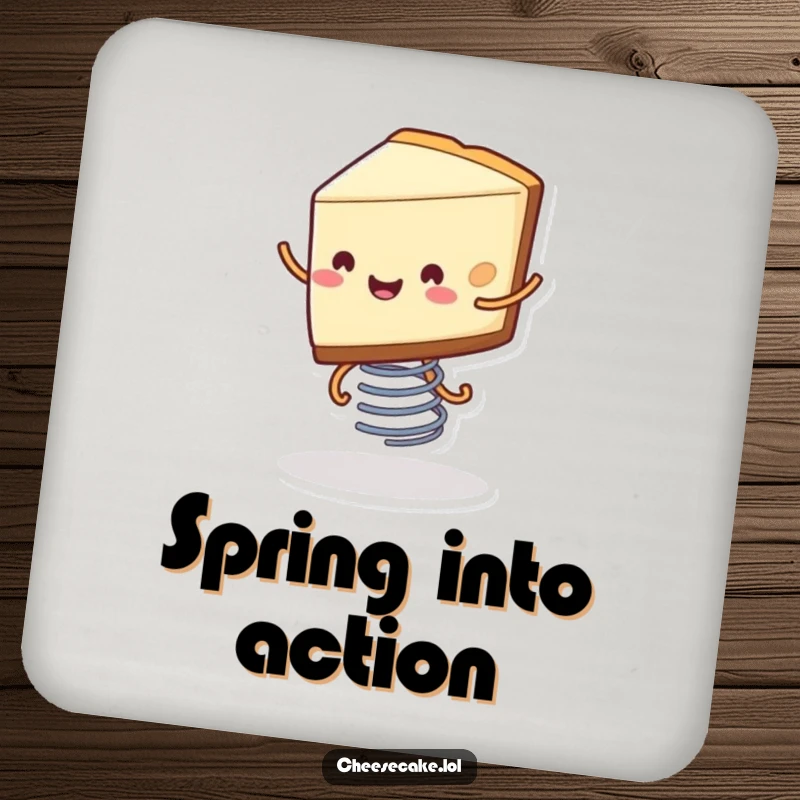 Funny drink coaster featuring a smiling slice of cheesecake with tiny legs bouncing on a spring, perfect for dessert fans.