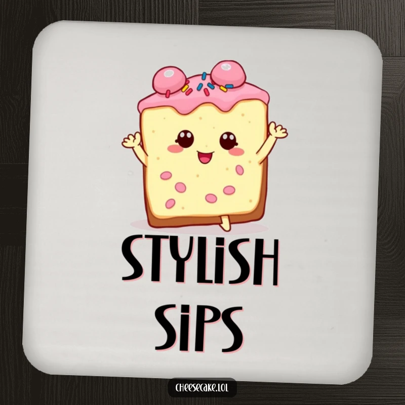 Funny cheesecake slice coaster design, charming and sprinkled, striking a dramatic pose, protecting surfaces with style.