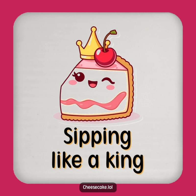 Funny Cheesecake Coaster: Cute Crowned Slice Winks, Protects Royal Drinks!