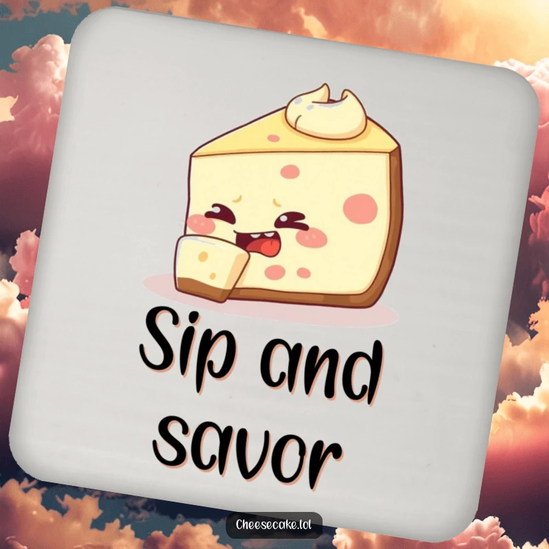 Funny cheesecake slice coaster design, featuring a mischievous dessert attempting to eat its own edge, protecting surfaces with a smile.