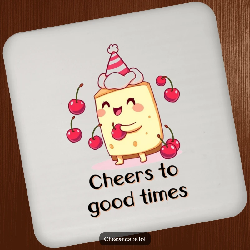Funny cheesecake juggler coaster showing a cheesecake character in a party hat, juggling small cherries.