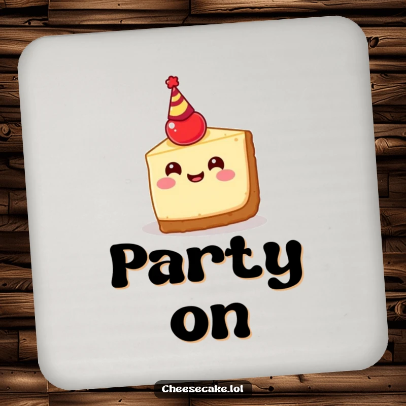 Funny cheesecake slice coaster design, featuring a happy dessert wearing a cherry party hat, adding festive flair and surface protection.