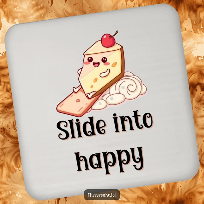 Funny Coasters featuring a happy cheesecake character with legs sliding down a frosting slide, adding a joyful and charming touch.