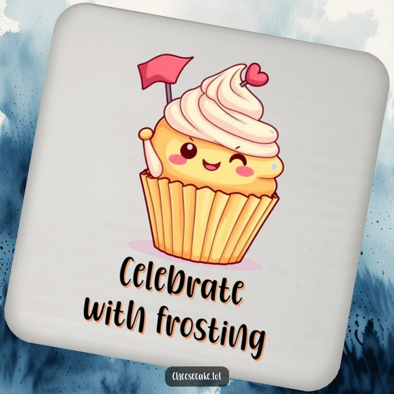 Funny delighted cupcake with frosting tipped, waving a tiny flag, a humorous and protective drink coaster set for any surface.