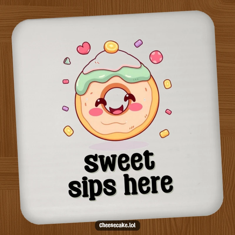 Funny donut juggling candy coaster, protecting surfaces with a cute and humorous dessert design.