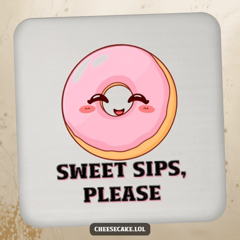 Funny donut coasters showing a wobbly jelly donut with eyes closed, giggling with sweet delight.