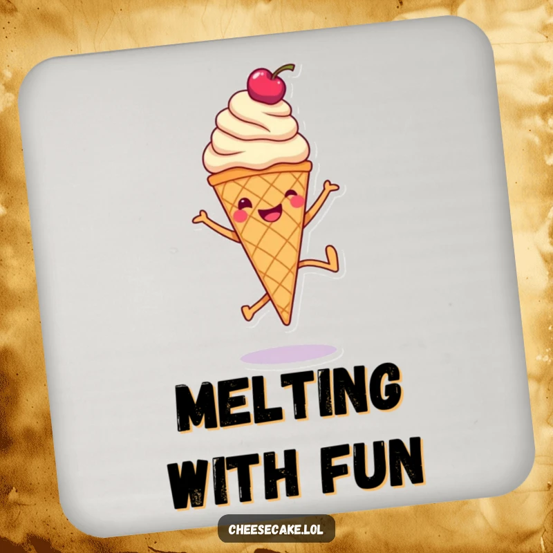Funny drink coaster with a smiling ice cream cone doing a cartwheel, adding sweet protection and humor.