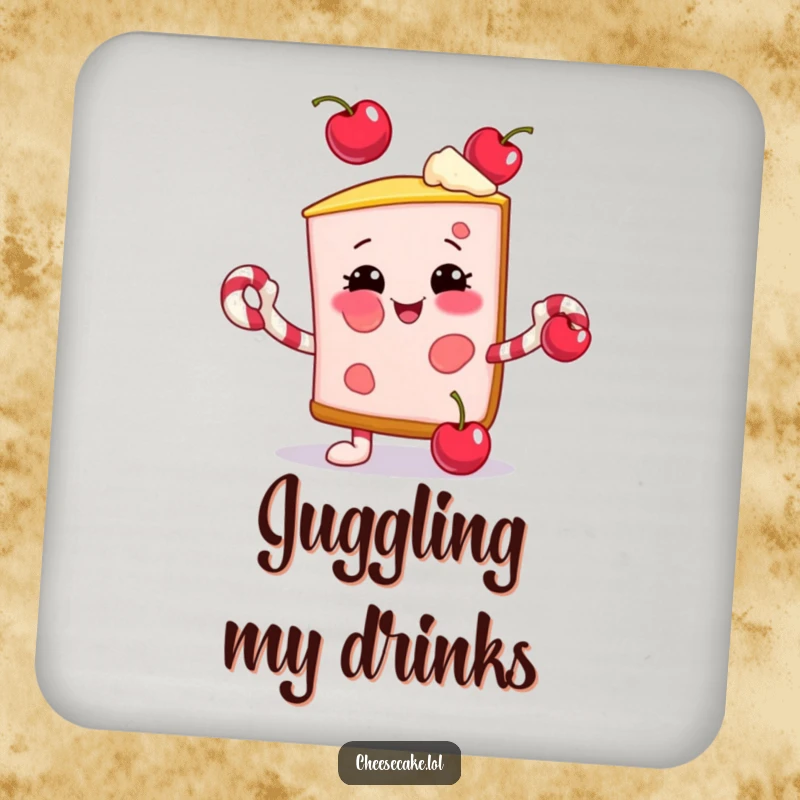 Funny drink coaster with a smiling cheesecake slice juggling cherries using candy cane arms, protecting surfaces with festive flair.