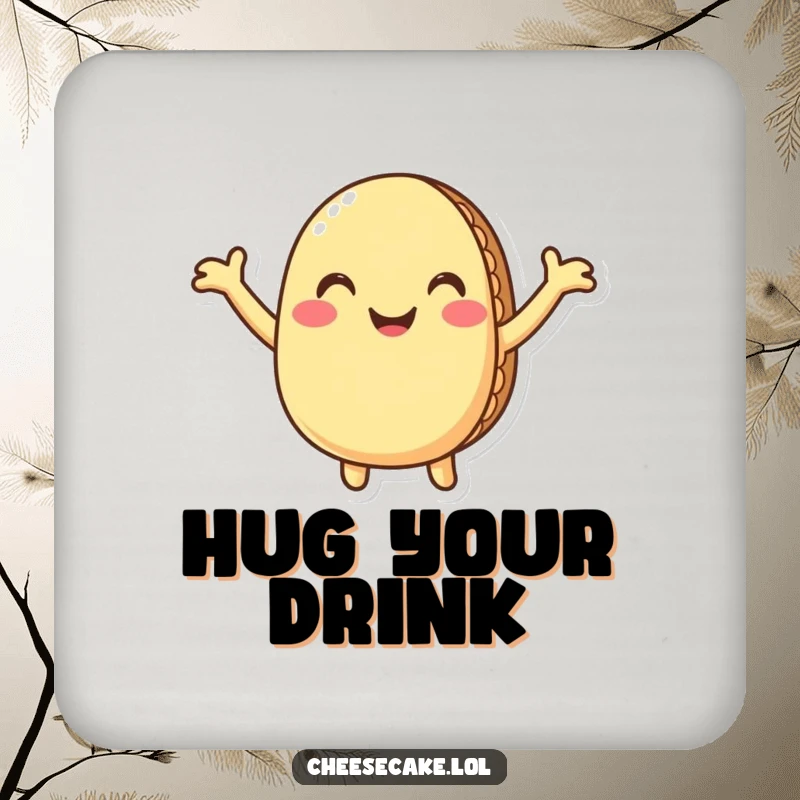 Funny macaron drink coaster featuring a smiling macaron with arms outstretched, offering a humorous hug, perfect for protecting surfaces.