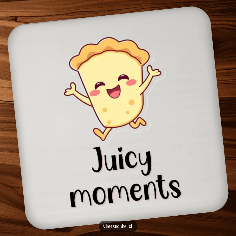 Funny smiling pie character joyfully leaping on a coaster, perfect for surface protection.