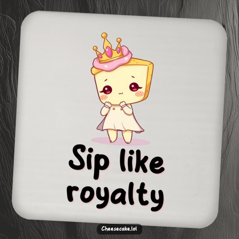 Funny drink coasters featuring a cheesecake character in a tiny crown, striking an elegant pose.