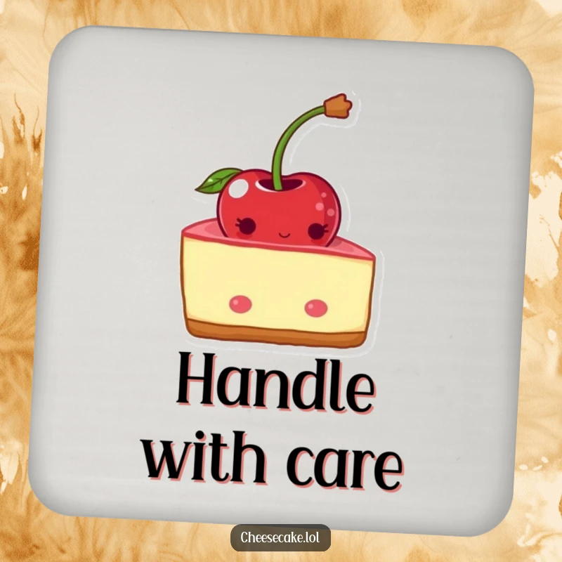 Funny shy cheesecake coaster with a blushing wedge peeking behind a cherry. Table protector.