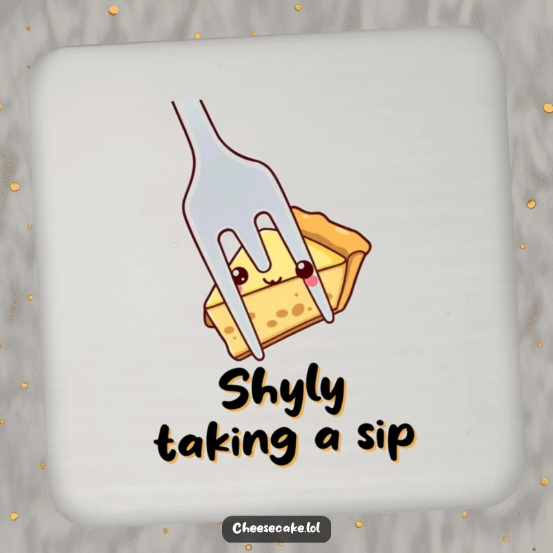 Funny shy pie slice peeking out from behind a large fork, a humorous and protective drink coaster set for any surface.