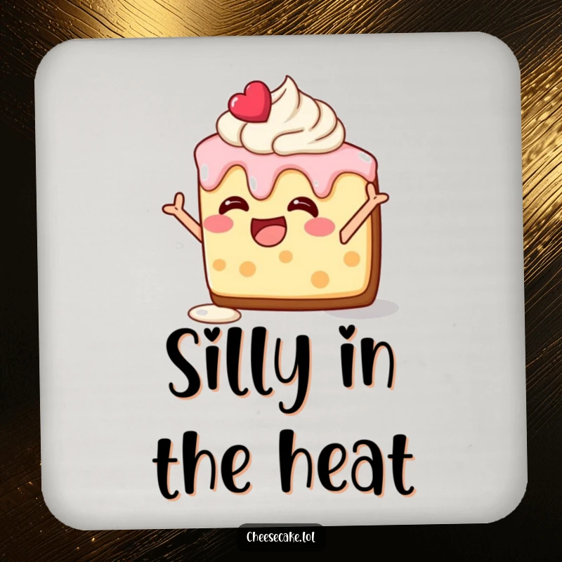 Funny drink coaster with a delighted cheesecake slice, frosting melting, striking a silly pose, protecting surfaces.