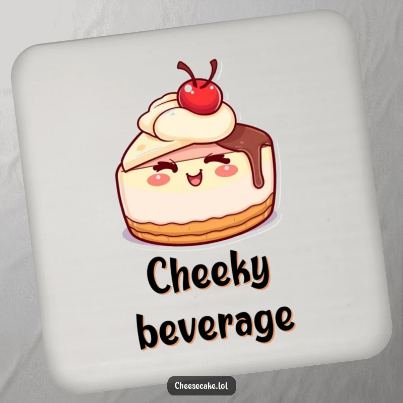 Funny cheesecake with a cherry on top giving a wink on a drink coaster, a cute funny gift.