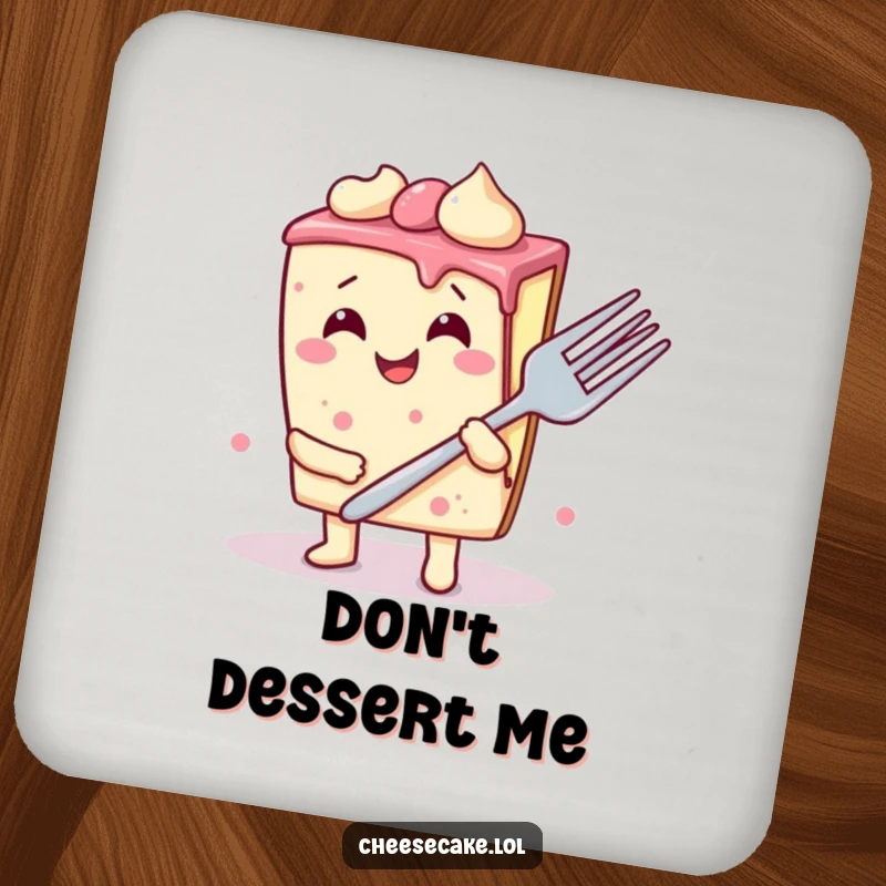 Funny cheesecake slice coaster design, featuring a wobbly dessert giggling delightfully while holding a giant fork, protecting surfaces with humor.