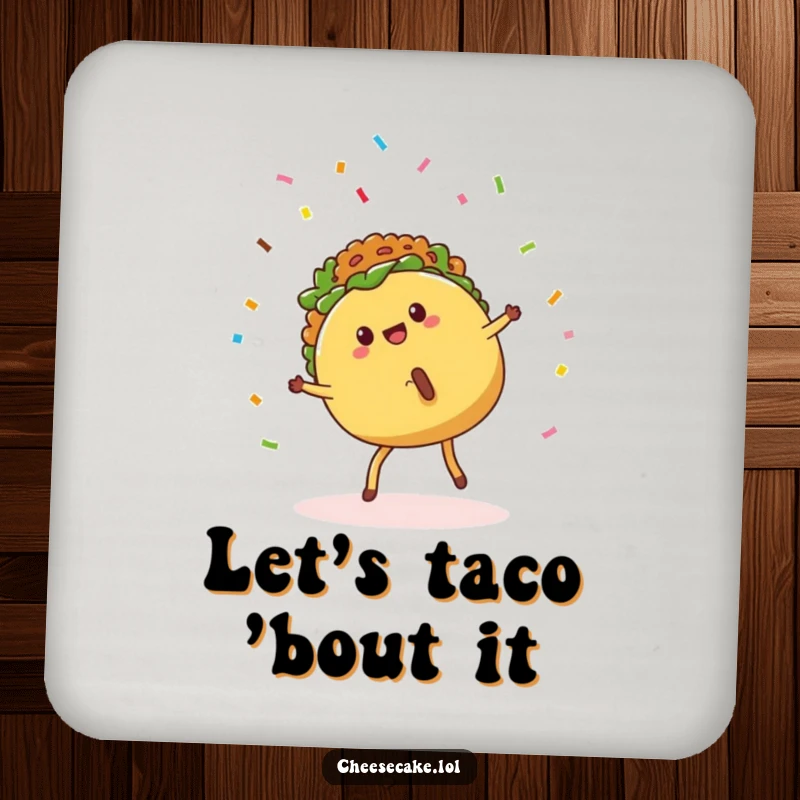 Funny Coasters featuring a cartwheeling taco with confetti, adding a playful and protective touch to surfaces.
