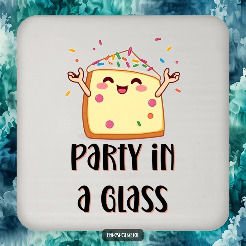 Funny drink coaster featuring a cheerful cheesecake wedge with tiny arms juggling colorful sprinkles, perfect for dessert fans.