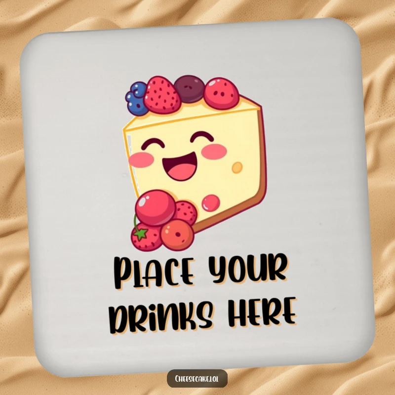 Funny cheesecake coaster with a happy, berry-filled cheesecake slice giggling. Protects furniture.