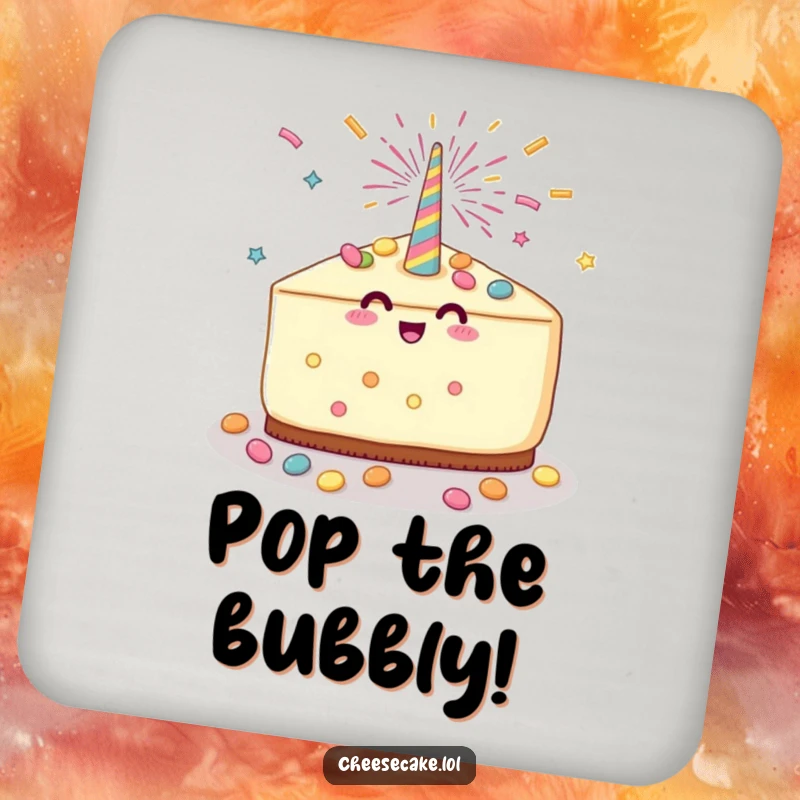 Funny Cheesecake Party Drink Coaster with a cheesecake slice celebrating with a party popper and candy shower, adding festive humor to tables.
