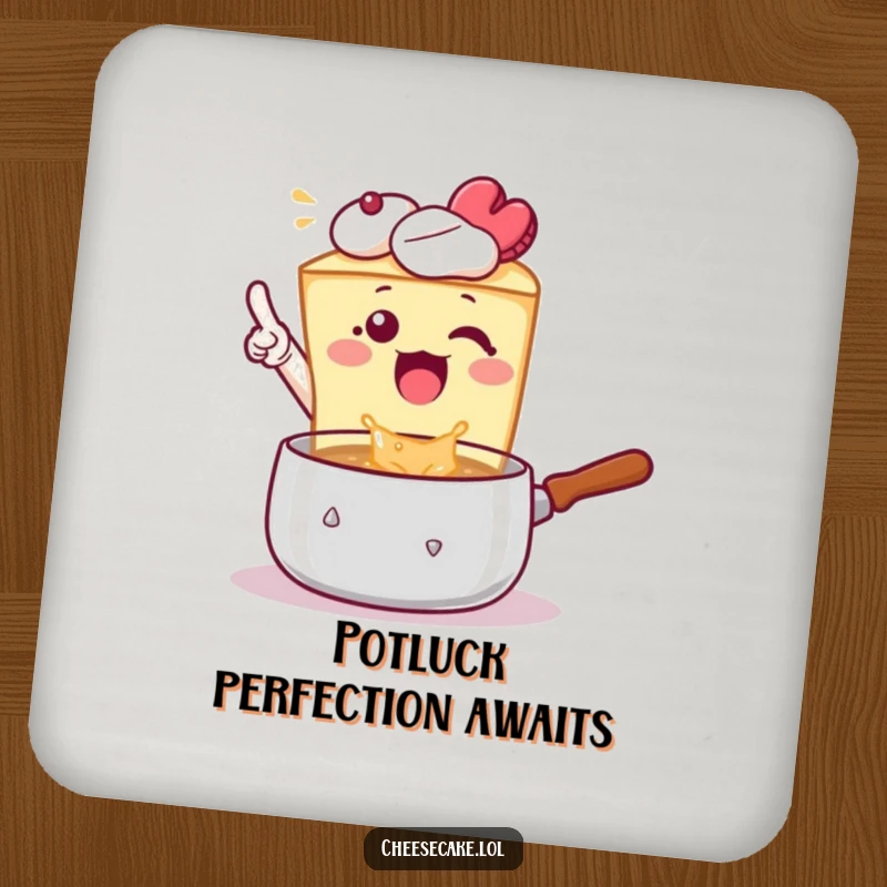 Funny Coaster: A cheesecake excitedly points at a bubbling pot, a humorous and protective surface saver.
