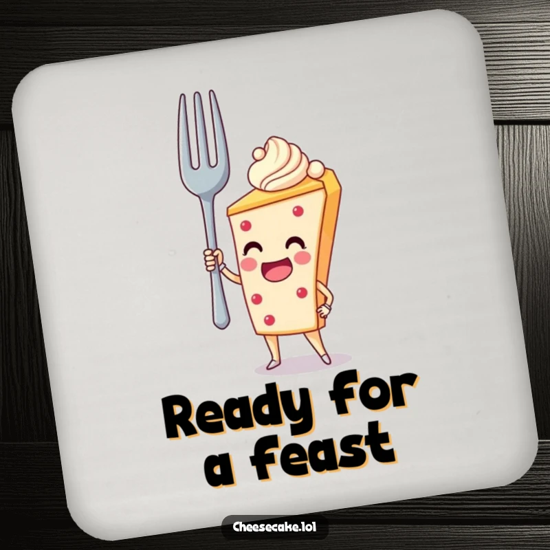 Funny Coaster: A cheesecake heroically holds a giant fork, a humorous and protective surface saver.
