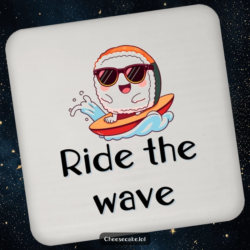 Funny sushi coasters showcasing a happy sushi character in sunglasses surfing a wave, adding a touch of fun.