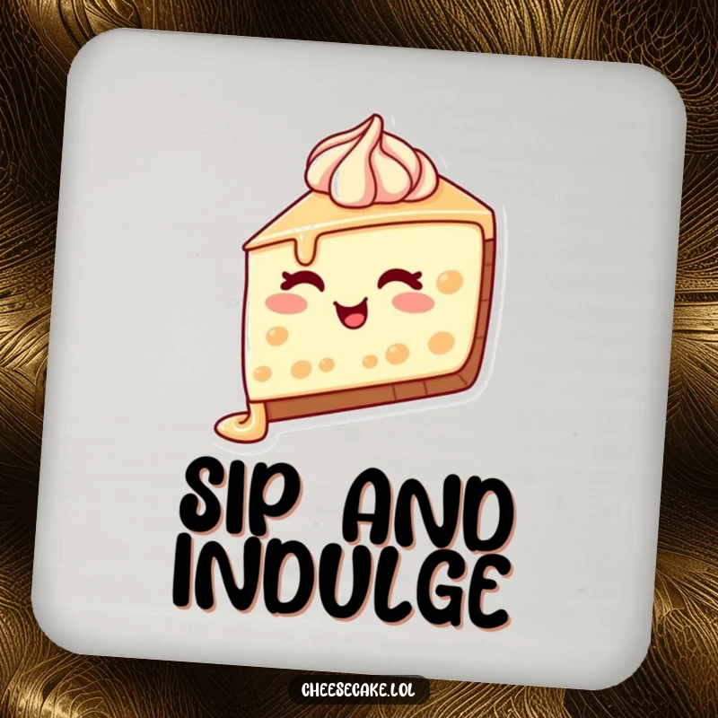 Funny Cheesecake Wink Drink Coaster featuring a cheesecake slice with frosting dripping and a charming wink, a cute and humorous accessory.