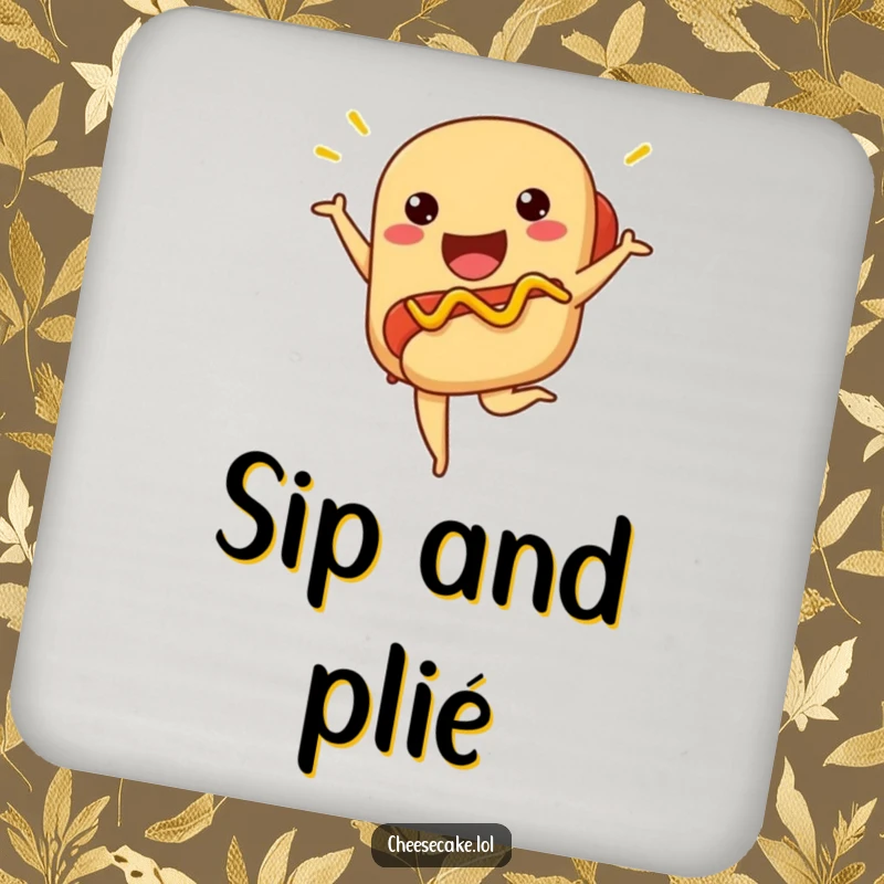 Funny hot dog coasters showing a proud hot dog striking a ballet pose with zigzag mustard.