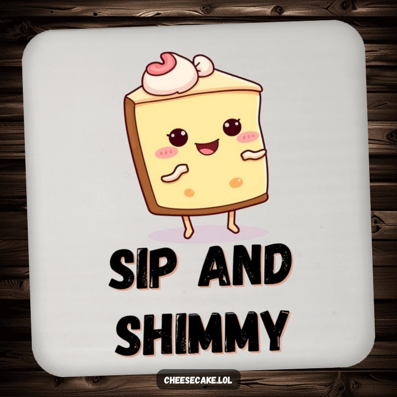 Funny Cheesecake Shimmy Coaster: A coaster featuring a cheesecake slice with legs doing a joyful shimmy dance.