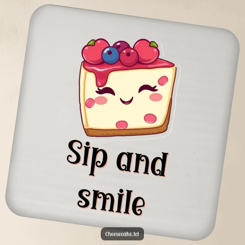 Funny drink coaster showcasing a winking slice of cheesecake with berries, protecting surfaces with a sweet and humorous design.