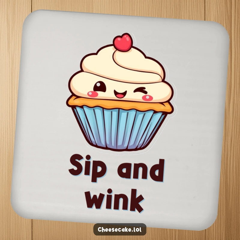 Funny Coasters featuring a smiling cupcake character giving a mischievous wink, adding a playful and charming touch to any surface.