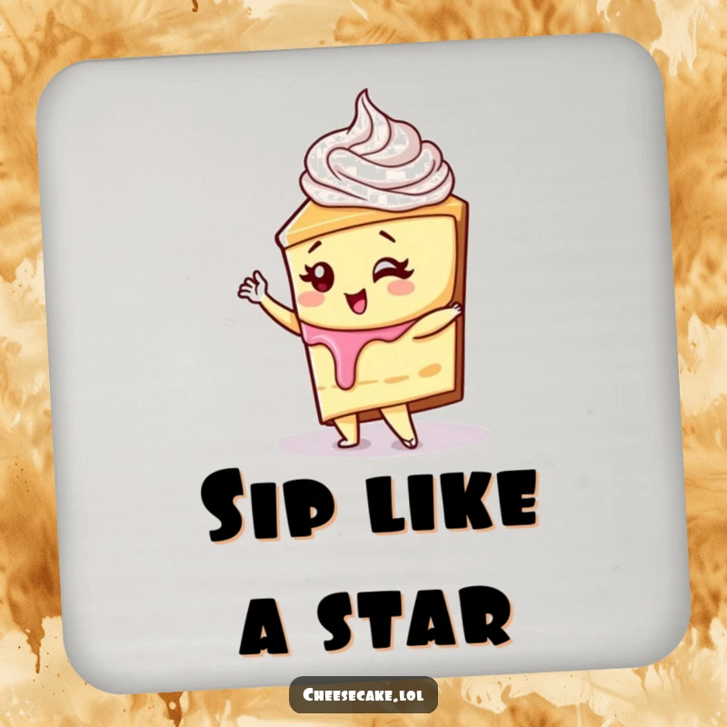 Funny cheesecake with whipped cream swirl striking a diva pose on a drink coaster, a cute funny gift.