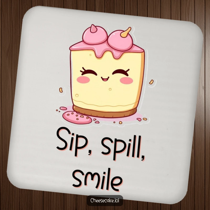 Funny drink coaster featuring a cheesecake character playfully winking while spilling colorful sprinkles with a mischievous air.