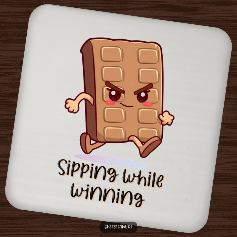 Funny drink coaster with a determined chocolate bar running a race, adding motivation and protection.