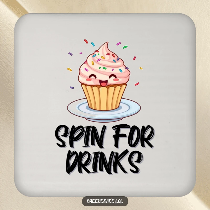 Funny Excited Cupcake Coaster: A coaster featuring a cupcake with sprinkles spinning excitedly on a plate.