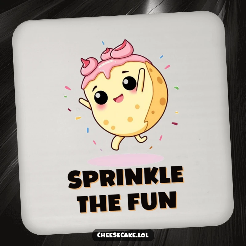 Funny drink coaster with a cheesecake in a cartwheel, surrounded by sprinkles, a lively and humorous addition to table settings.