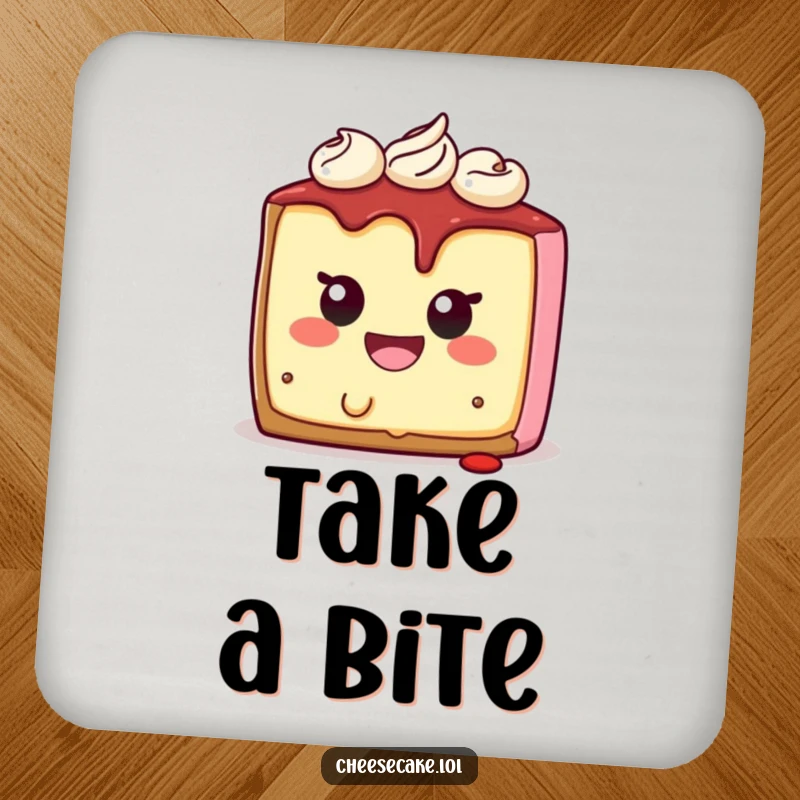 Funny cheesecake coaster featuring a smiling character biting itself, protecting surfaces with humorous dessert-themed art.