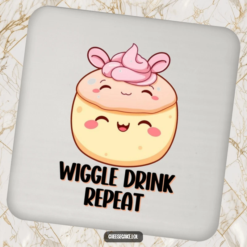 Funny cake drink coaster with a round cake featuring frosting happily wiggling its ears, protecting surfaces with joyful humor.