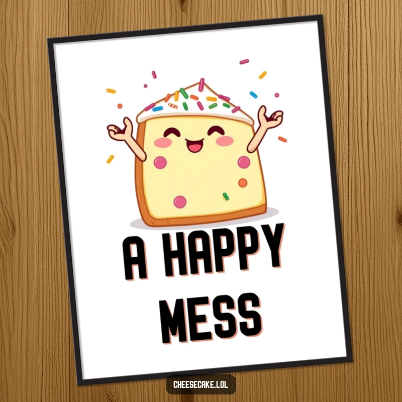 Funny poster art of a cheerful cheesecake wedge with tiny arms juggling colorful sprinkles, embodying playful dessert creation.
