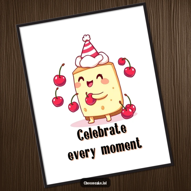 Funny cheesecake juggler poster depicting a cheesecake in a party hat, juggling small cherries with a happy expression.