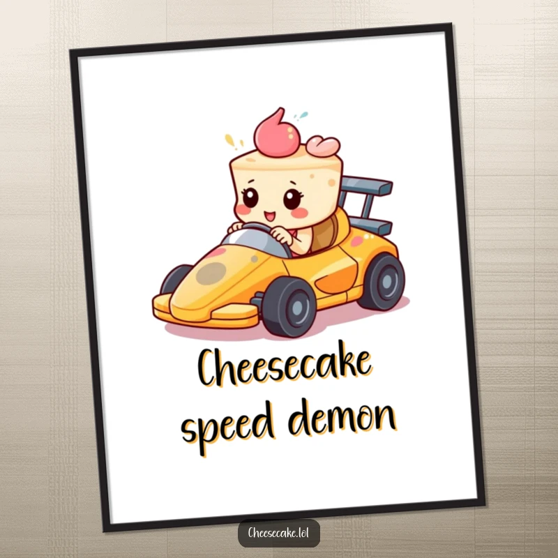 Funny Poster: A cheesecake in a miniature race car zooms forward with intense determination. Whimsical art for dessert and speed fans.