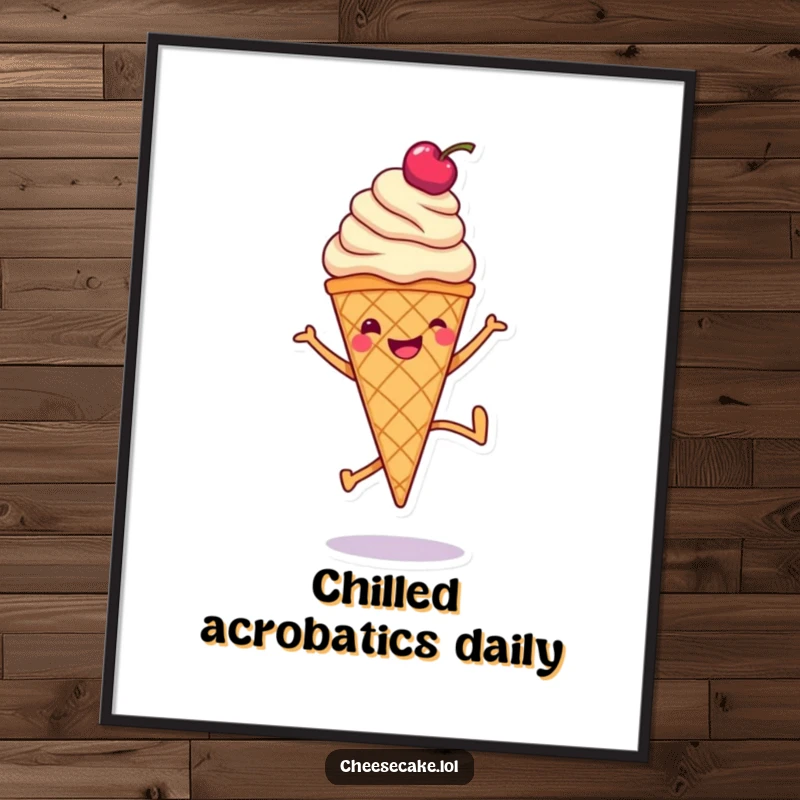 Funny poster of a smiling ice cream cone with a cherry doing a cartwheel, radiating cheerful and sweet energy.