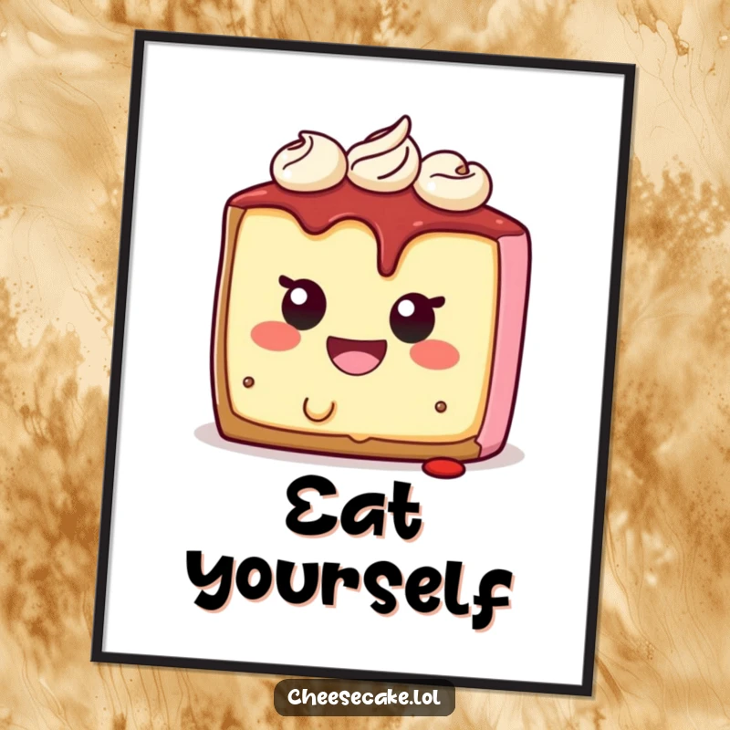 Funny cheesecake poster art of a character smiling while eating itself, a humorous and unique dessert-themed decoration.
