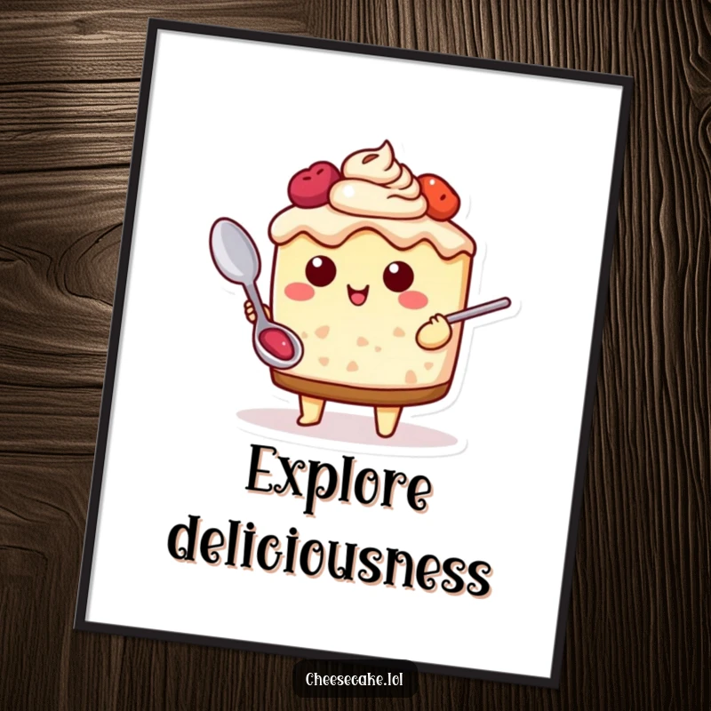 Funny Cheesecake Adventure Poster showcasing a cheesecake character with a spoon, ready for a delicious journey, adding foodie humor to decor.