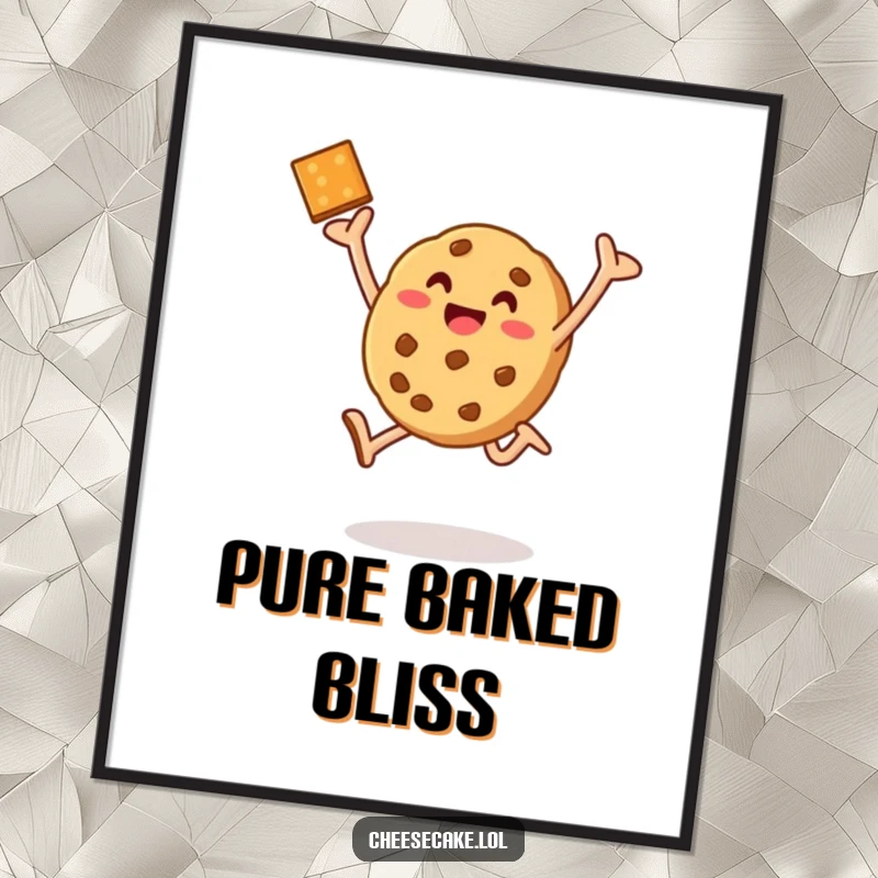 Funny baked cookie leap poster showcasing a happy cookie jumping with excitement after baking, perfect for kitchen decor.