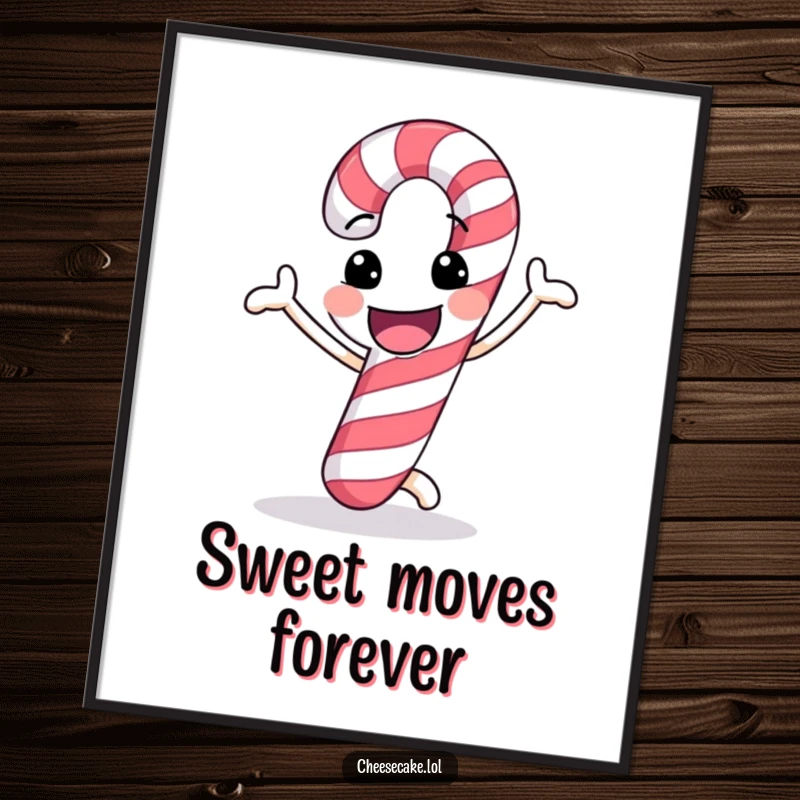 Funny poster of a candy cane with a cheerful grin doing a funny dance, radiating holiday joy.